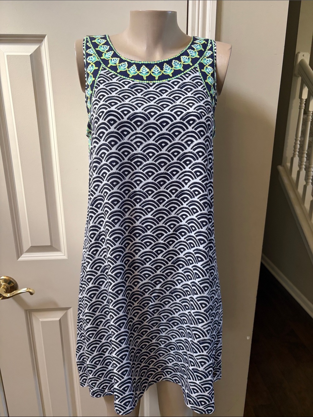 Hatley Navy & White Geometric Sleeveless Shift Dress with Neon Trim, med